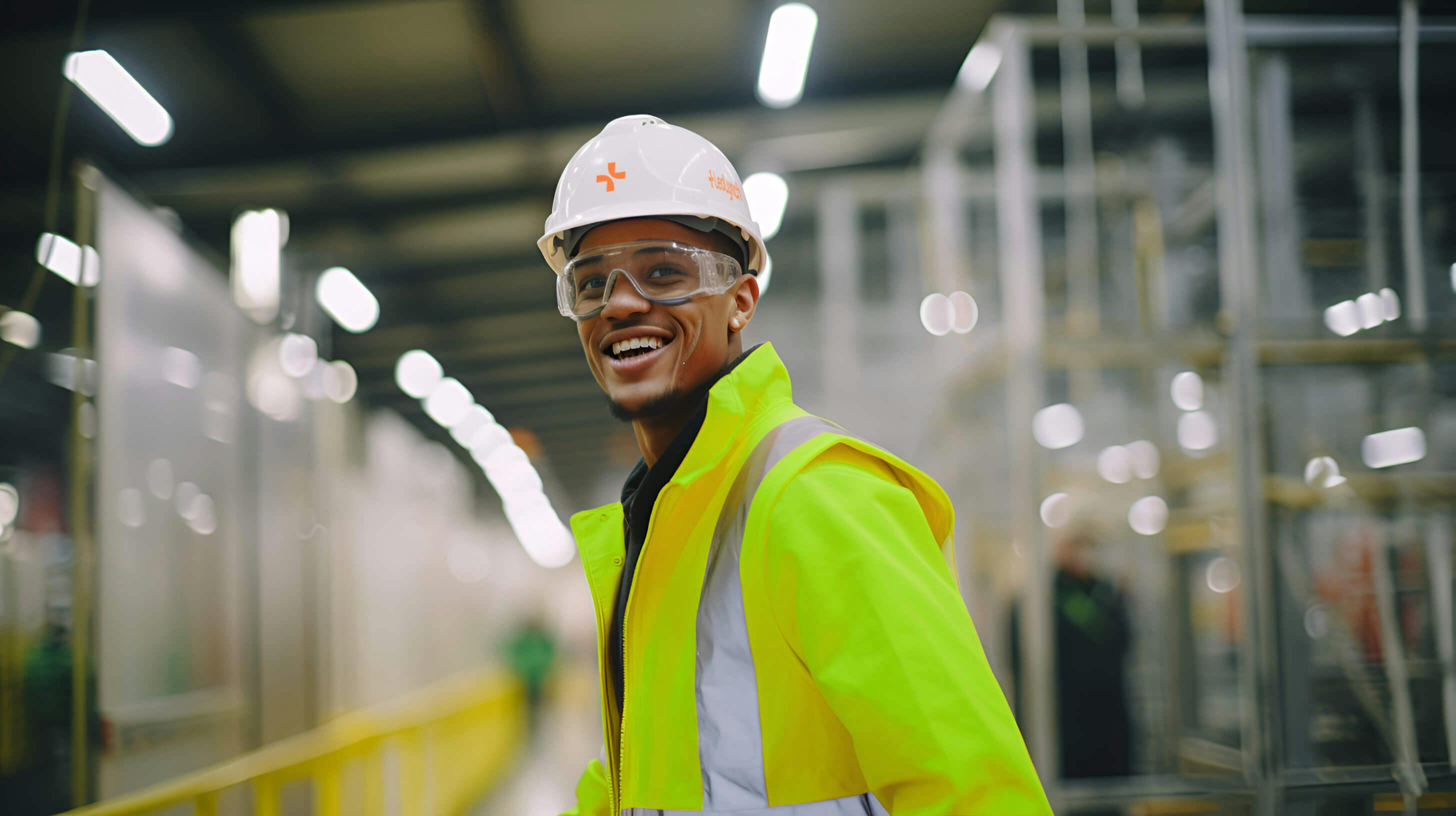 A young, smiling, male engineer at an indoor site.  He is wearing Leo Lynch-branded PPE