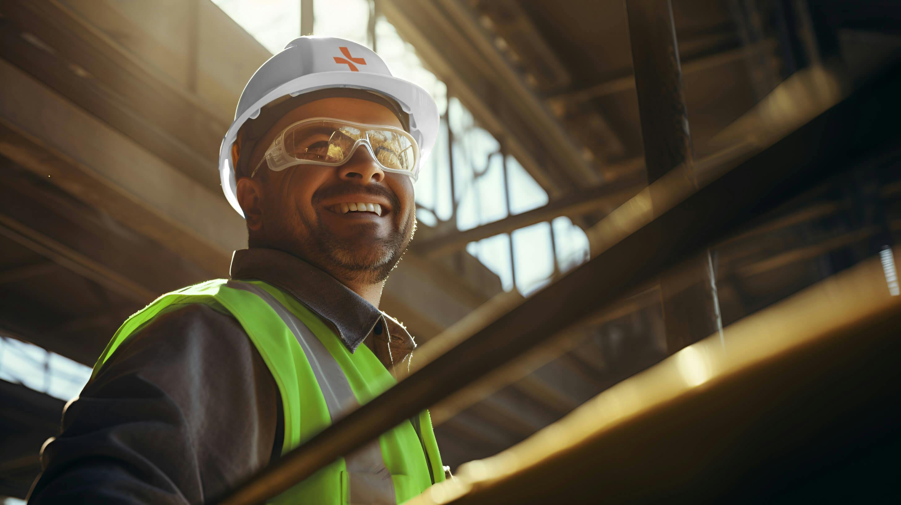 A smiling, male engineer at an indoor site. He is wearing Leo Lynch-branded 5 point PPE.