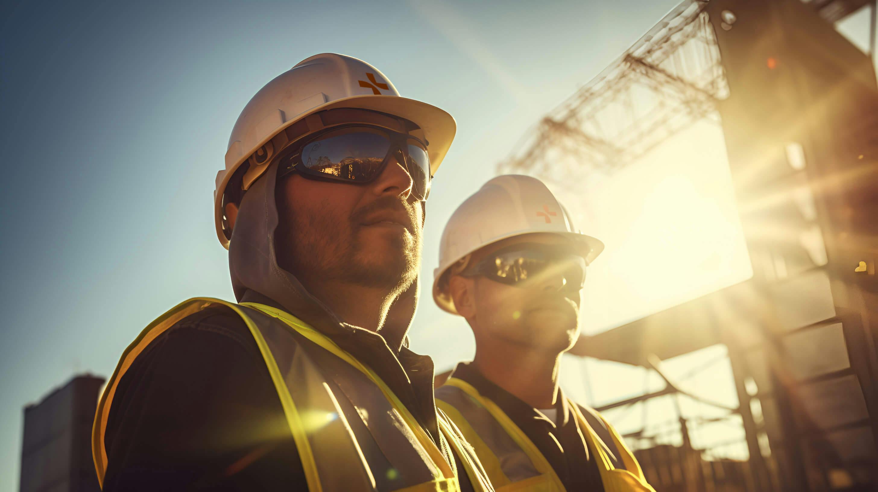 Two male engineers on site. The sun is shining. They are wearing Leo Lynch-branded 5 point PPE, including dark lenses