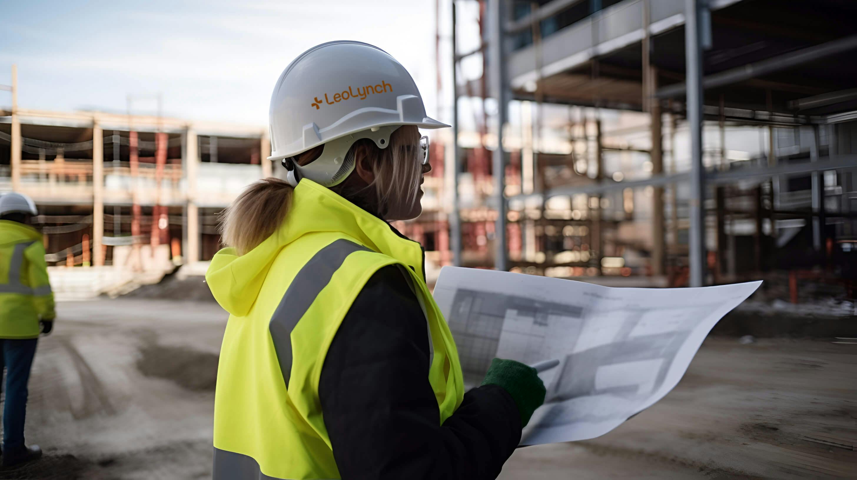 A female engineer on an outdoor site, looking at a project plan. She is wearing Leo Lynch-branded 5 point PPE.