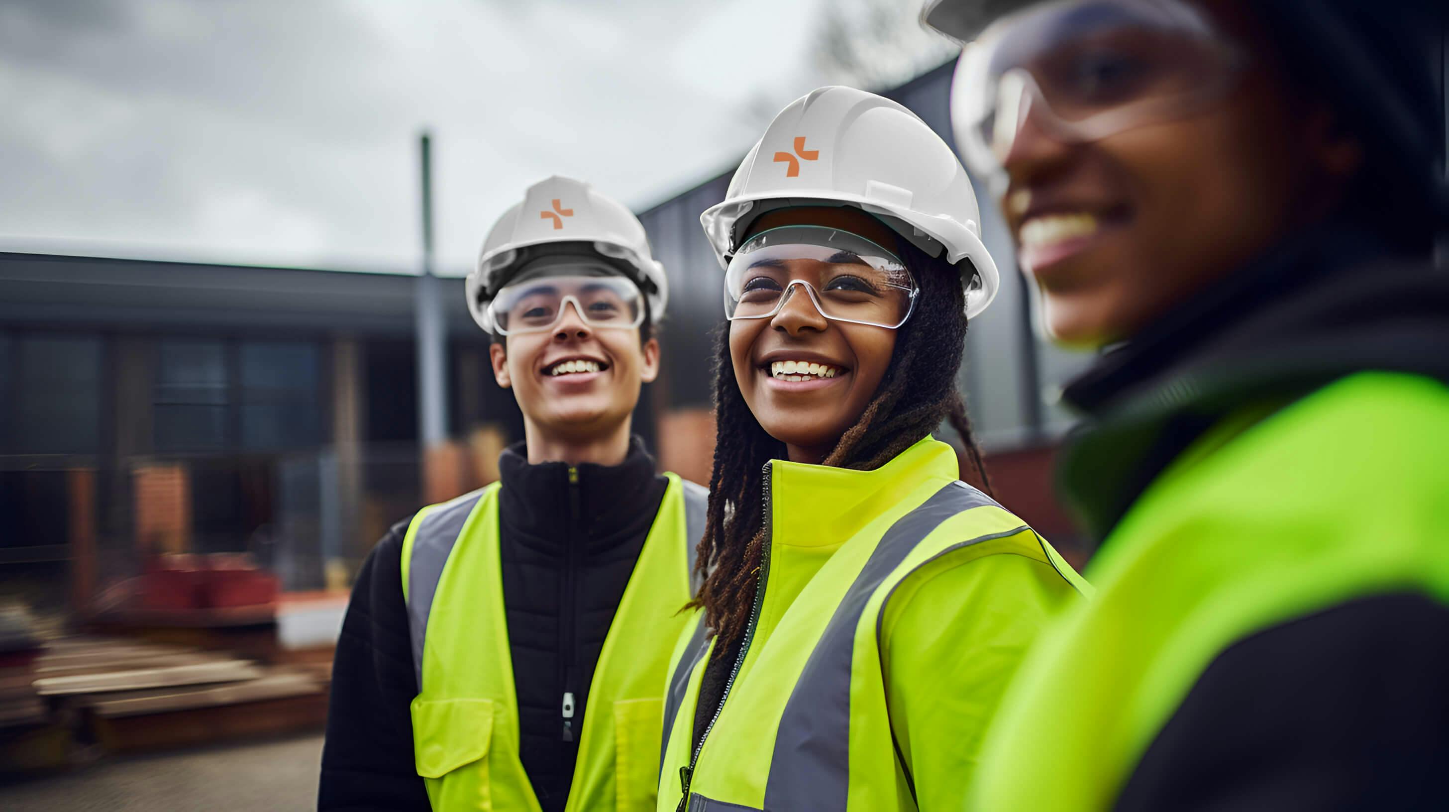 3 smiling apprentices wearing Leo Lynch-branded 5 point PPE.