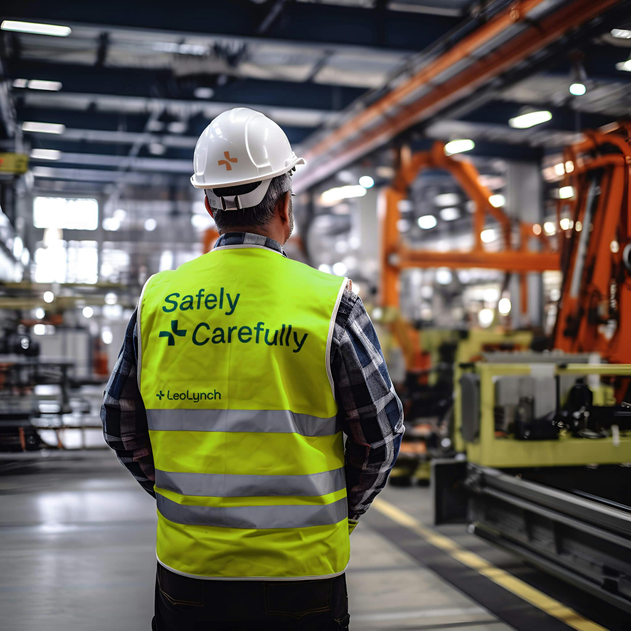 A male engineer inspecting machinery. He is wearing Leo Lynch-branded 5 point PPE, including 'Safely + Carefully' written on the back of his jacket