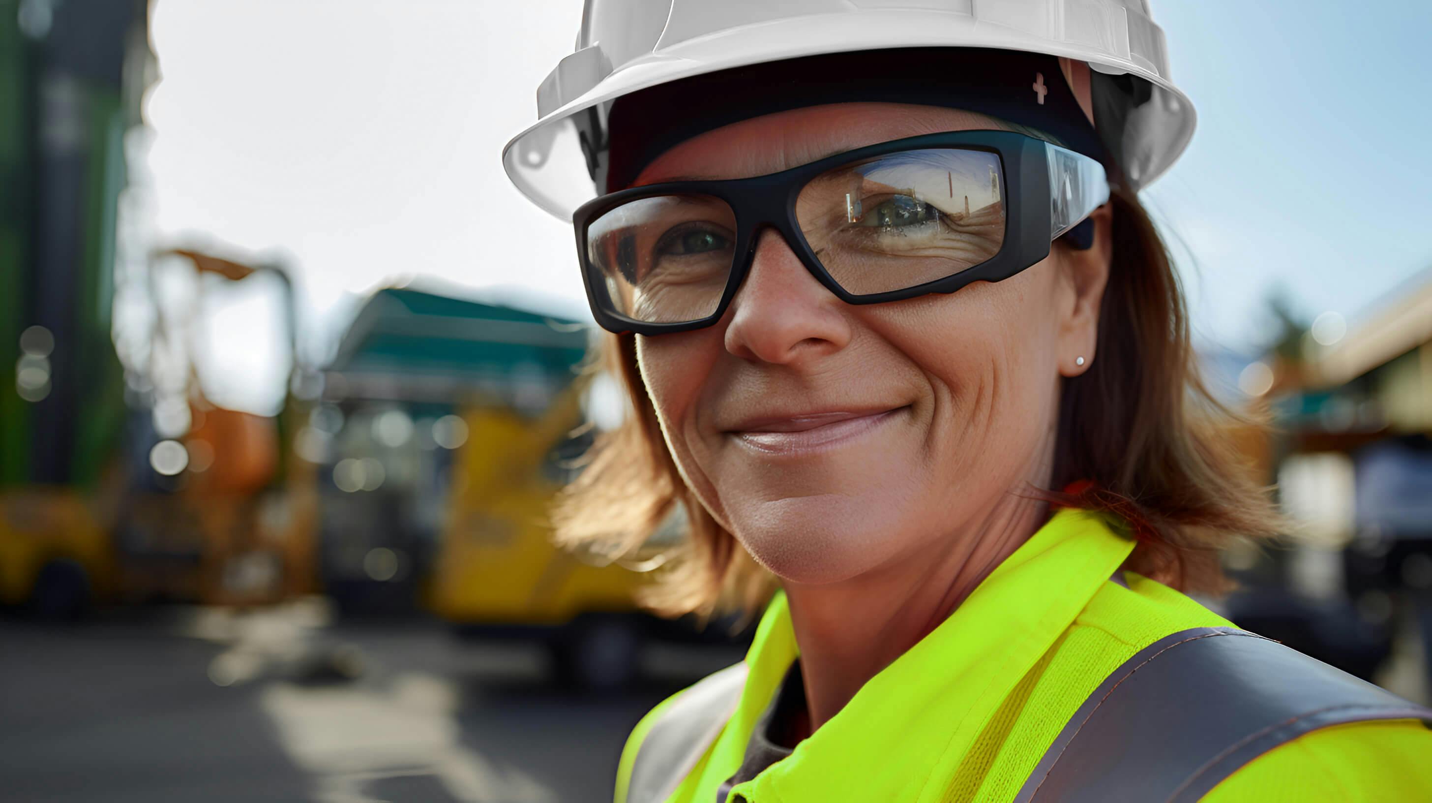 A close up of a smiling, female engineer on an outdoor site. She is wearing Leo Lynch-branded PPE
