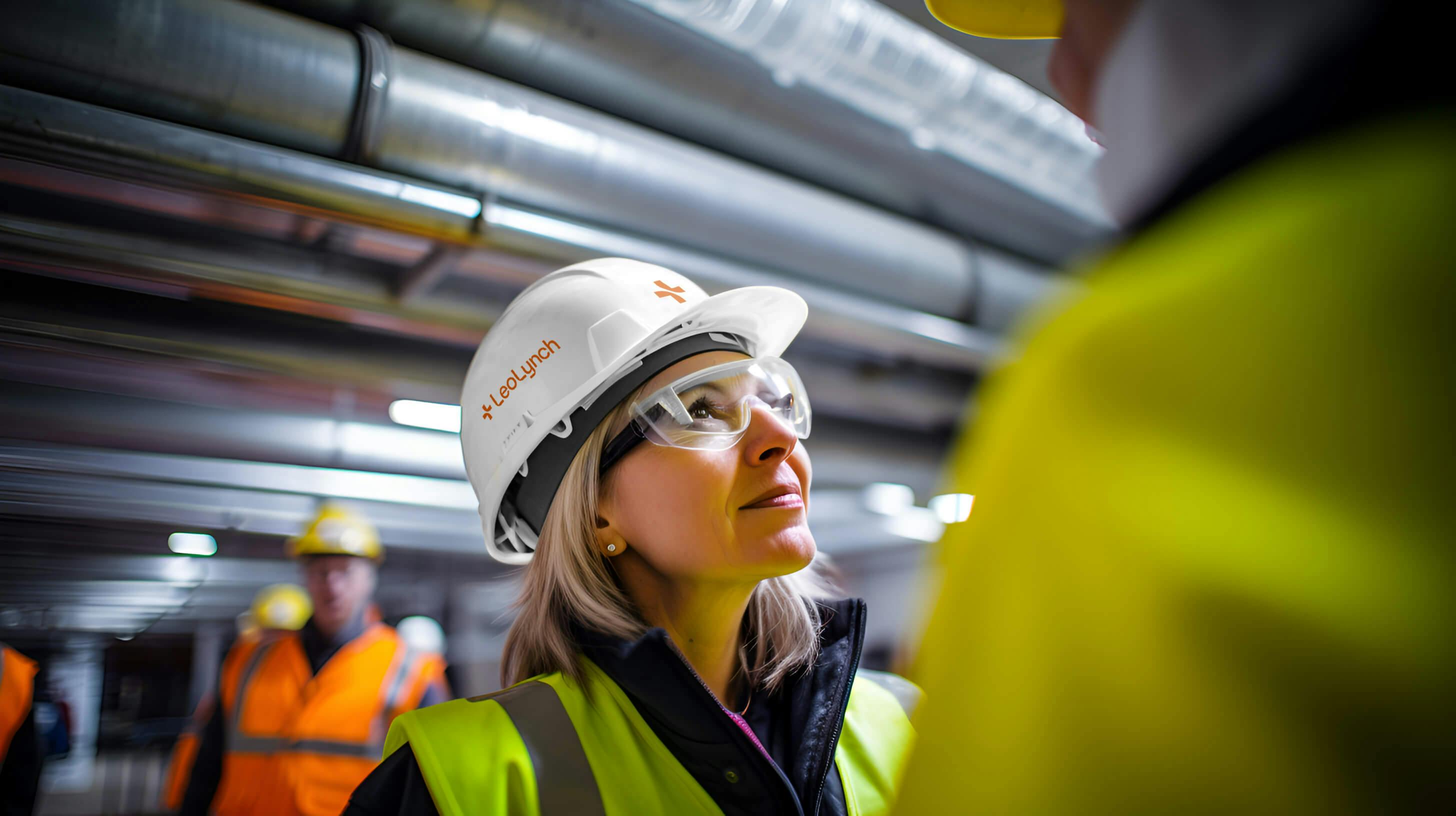 A female engineer inspecting pipework with a satisfied expression. She is wearing Leo Lynch-branded 5 point PPE