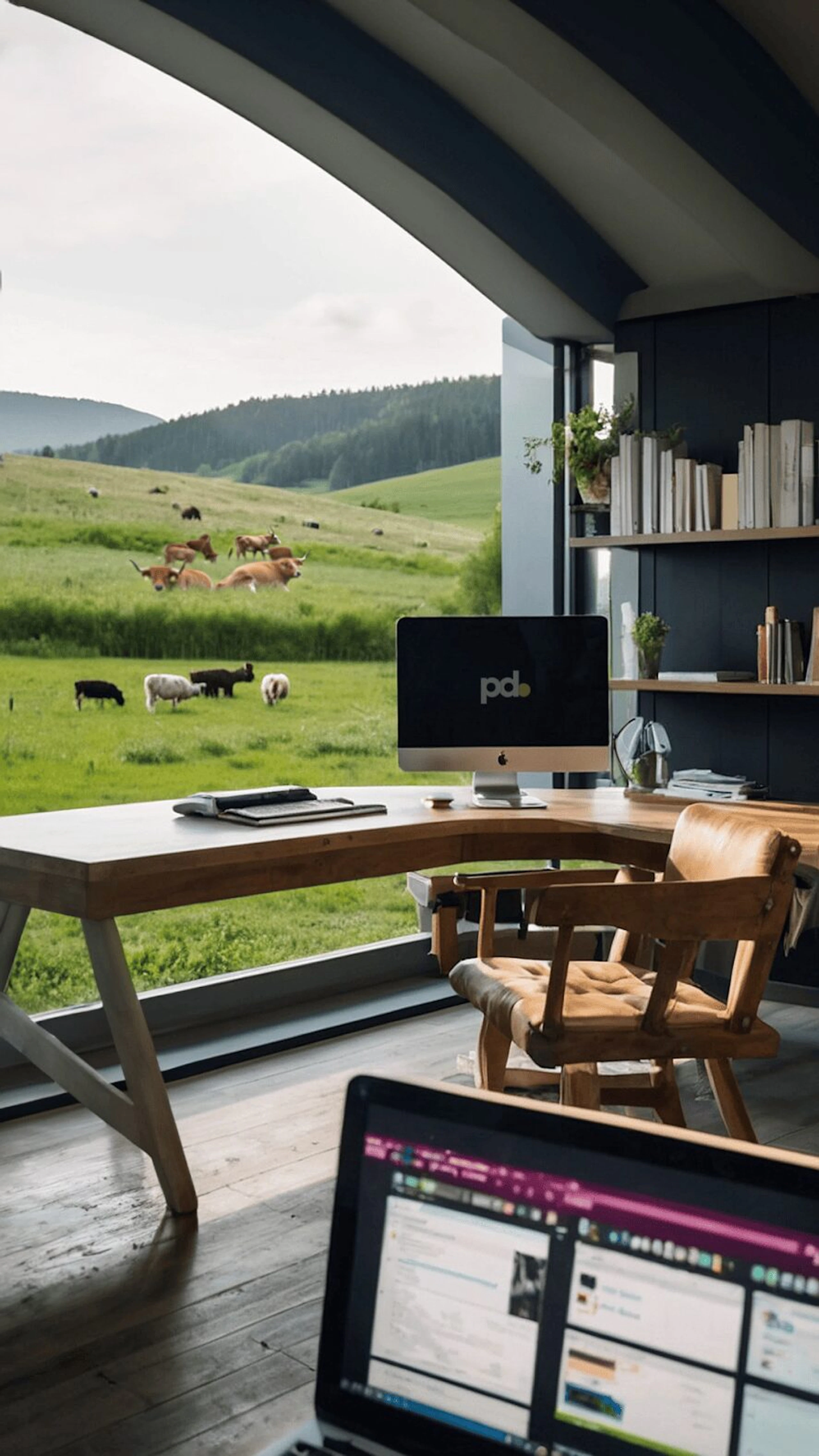 Pointdot office AI generated Leonardo, farmhouse with working from home set-up