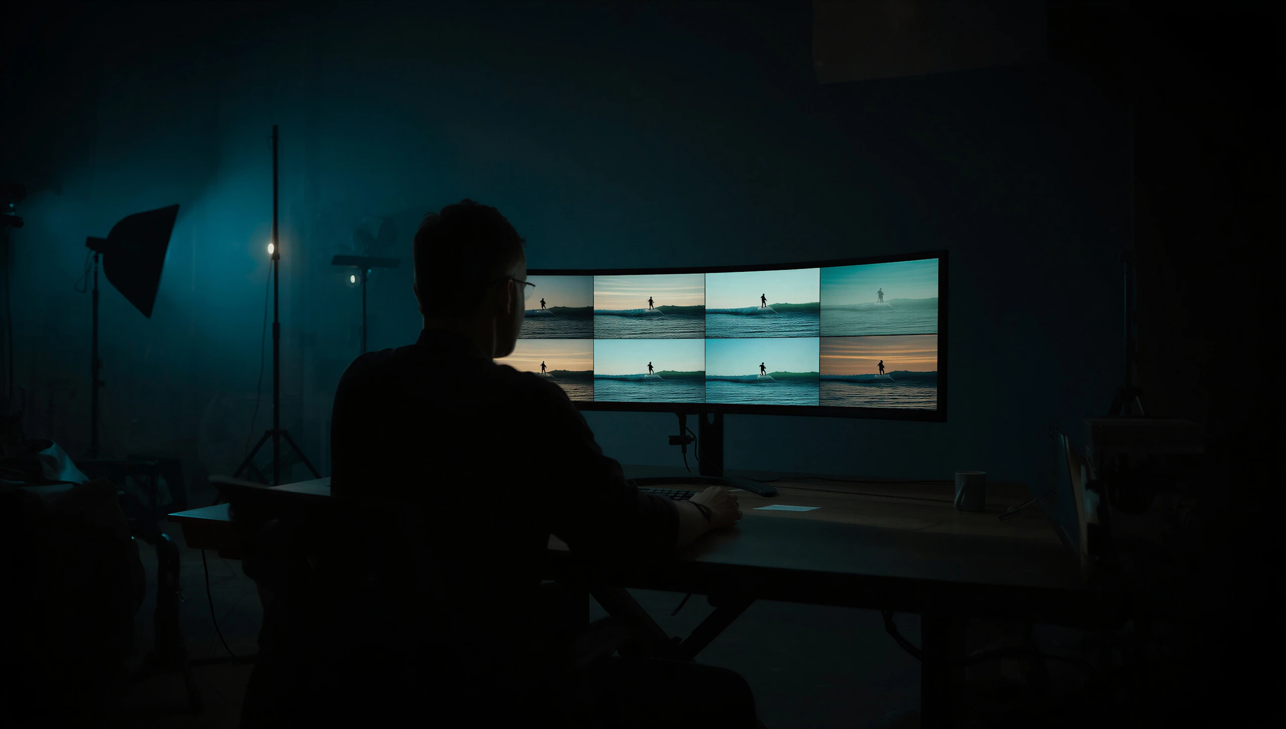 Filmmaker reviewing eight takes of the same surf scene on a director's monitor, generated with Leonardo.Ai