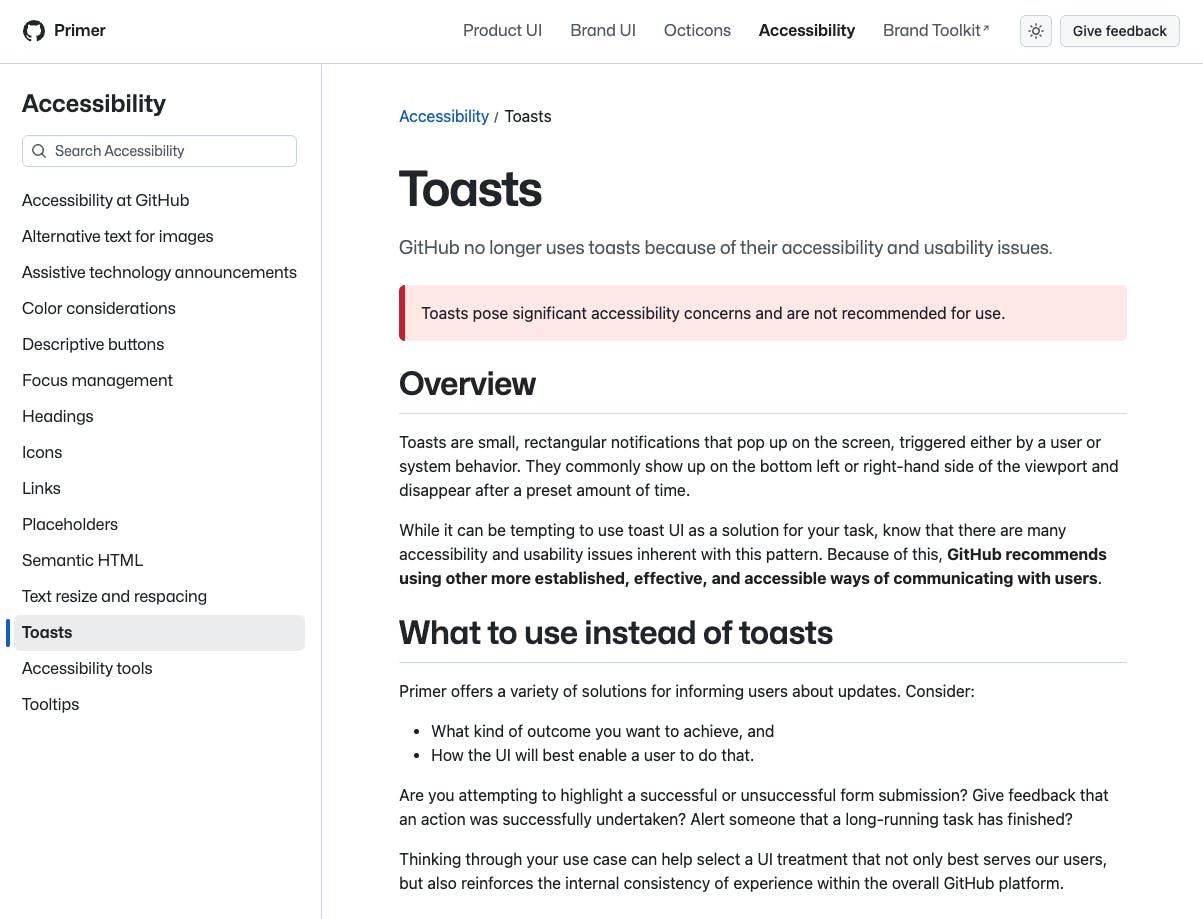 GitHub Design System Primer removing Toasts