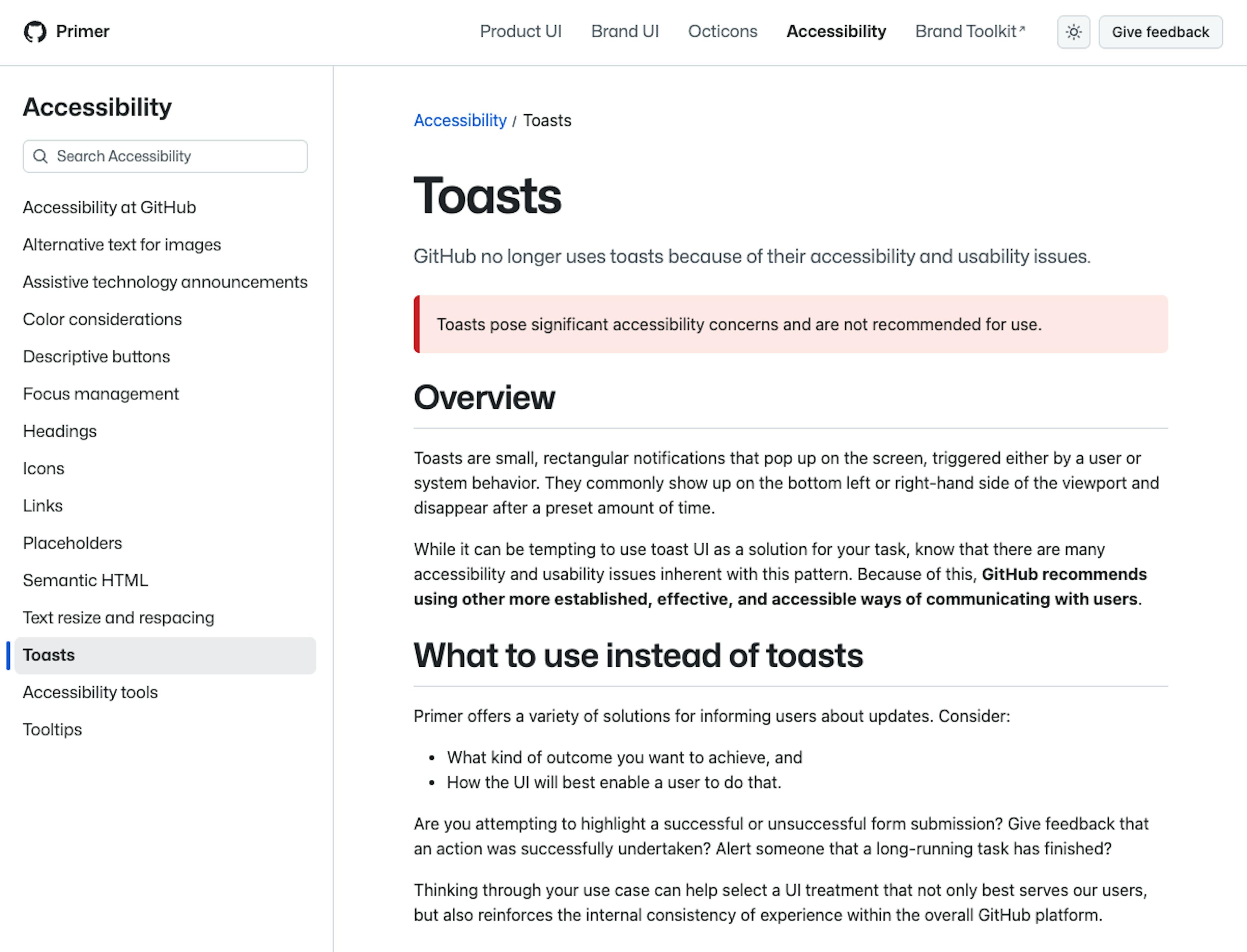 GitHub Design System Primer removing Toasts