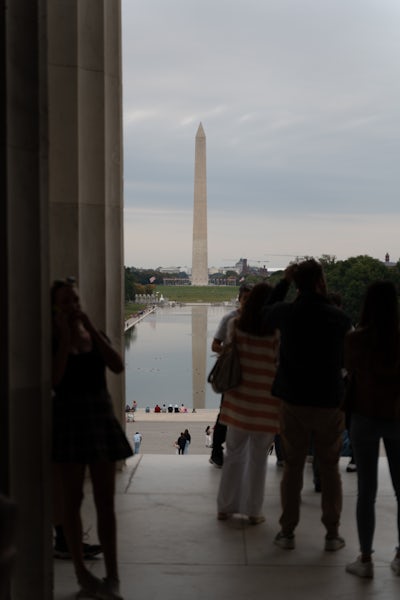The Washington Monument seen from the Lincoln Memorial on a cloudy day.