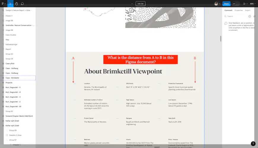 A screenshot from the Figma software to highlight the problem of measuring distance between two arbitrary points.