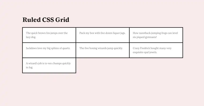 A ruled CSS grid with black lines on a pink background.