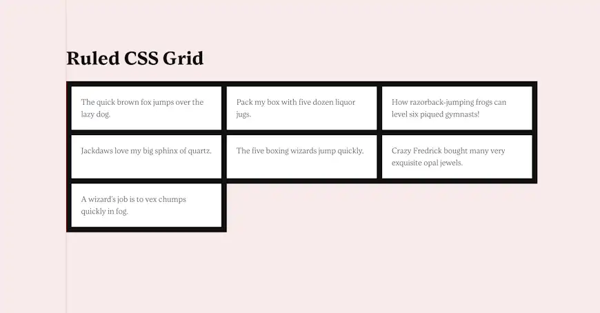A nicely aligned CSS Grid with thick borders on a pink background.
