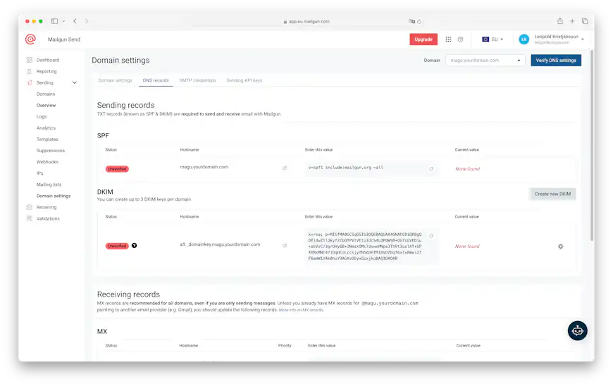 The Mailgun UI showing the DNS to configure to use a sending domain.