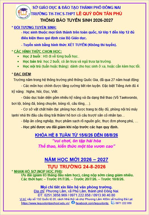CHIÊU SINH NĂM HỌC 2026-2027
