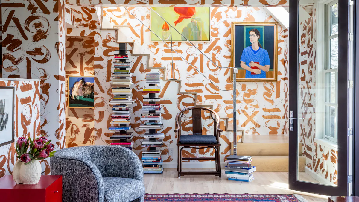 Interior design with hand-painted abstract mural walls, floating staircase, stacked books, and curated art-filled reading nook