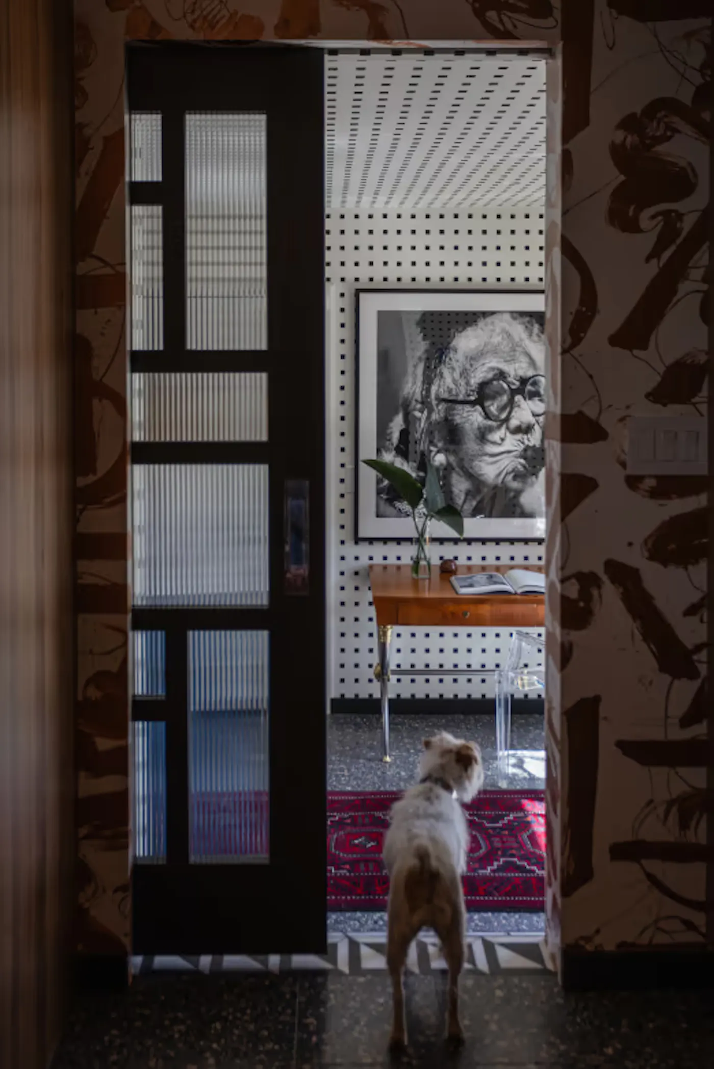 Interior design view through doorway with layered spaces, patterned walls, framed artwork, and small dog in foreground