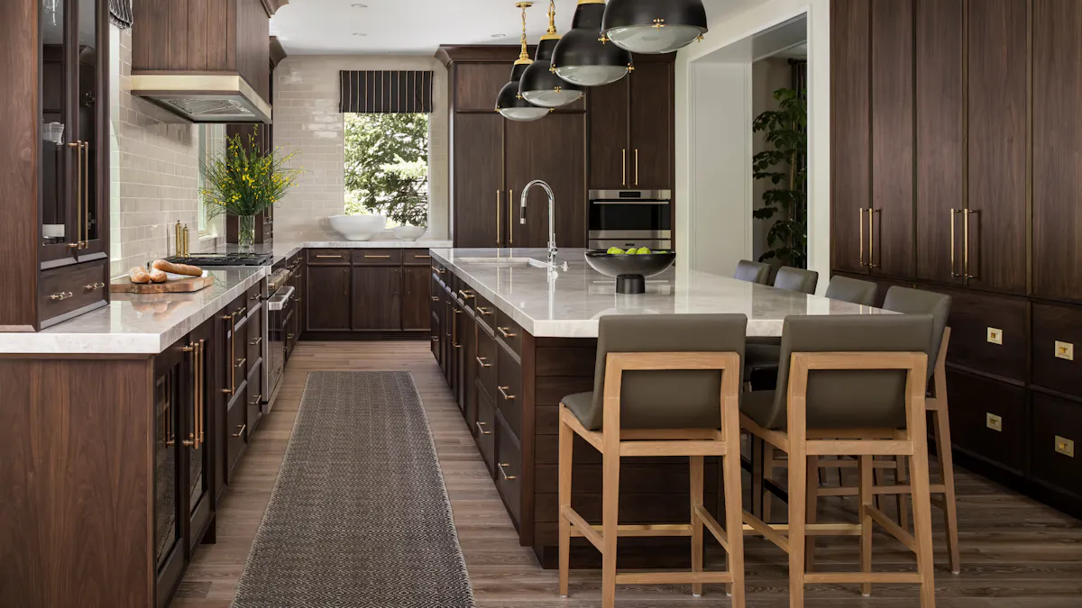Draper interior design kitchen with marble island, wood cabinetry, and modern lighting design