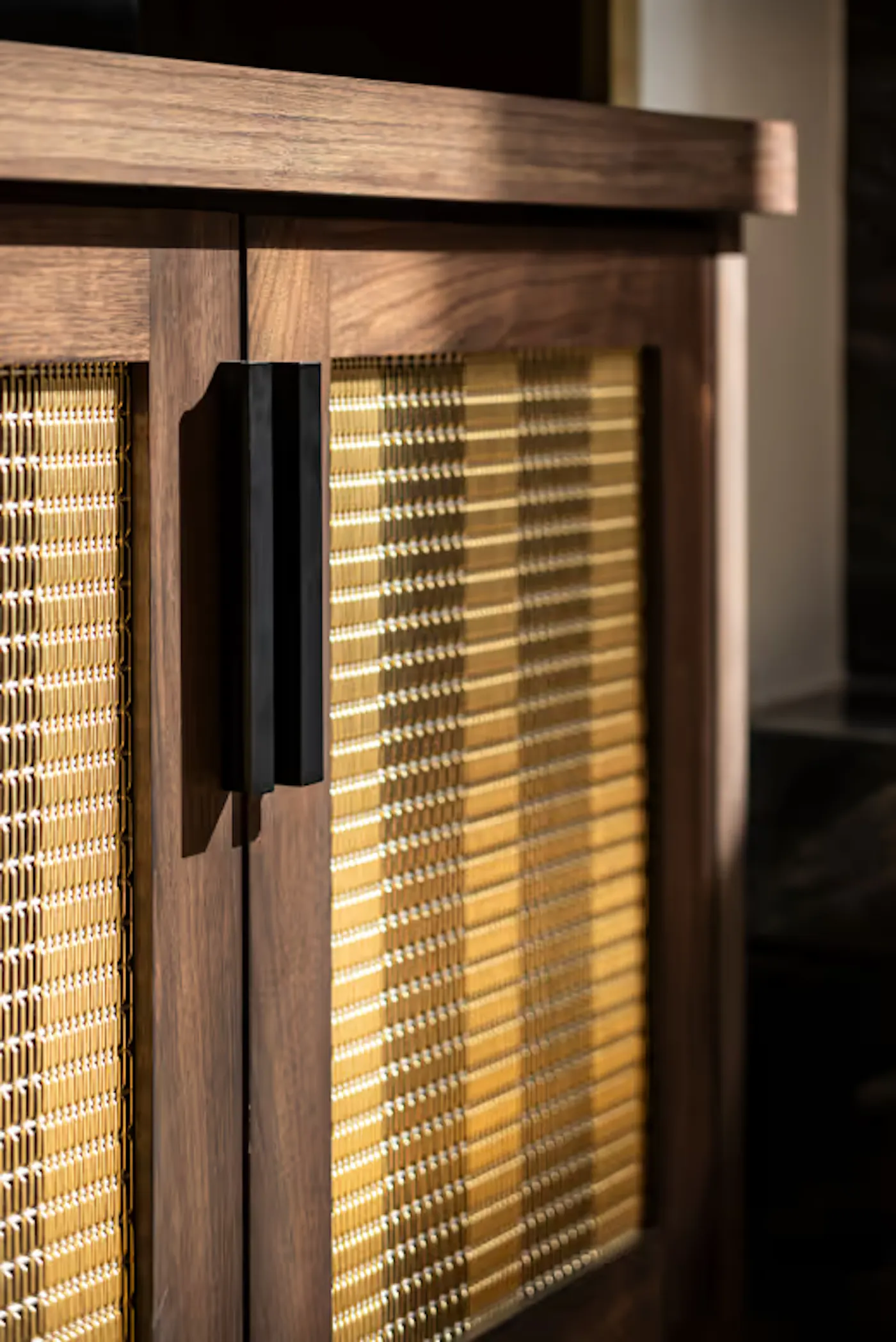 High-end cabinetry with mixed materials, metal accents, and precision craftsmanship