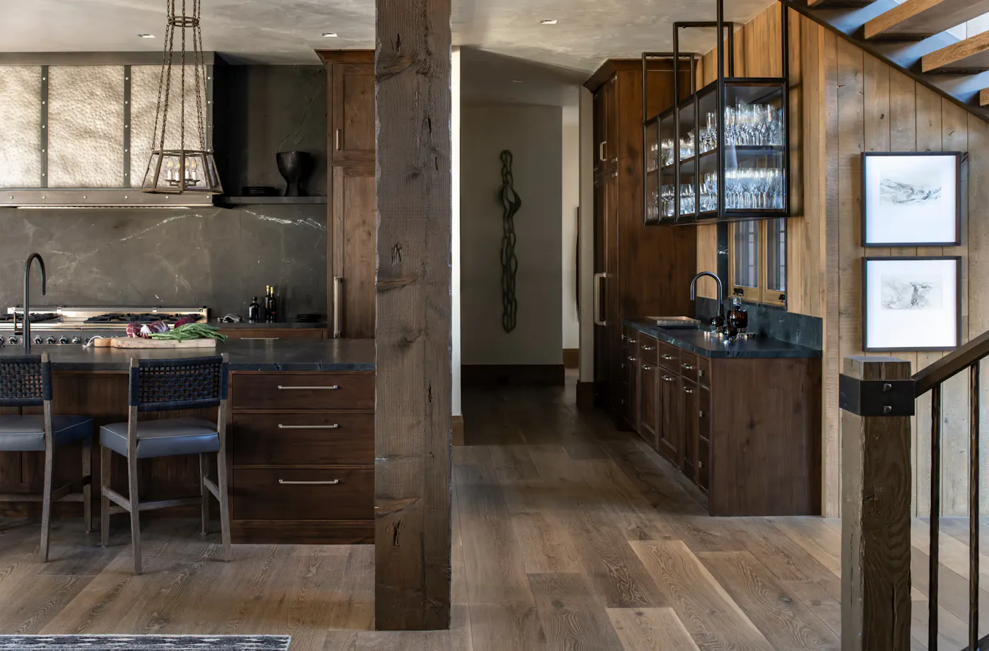 Rustic modern kitchen with custom cabinetry and architectural wood detailing