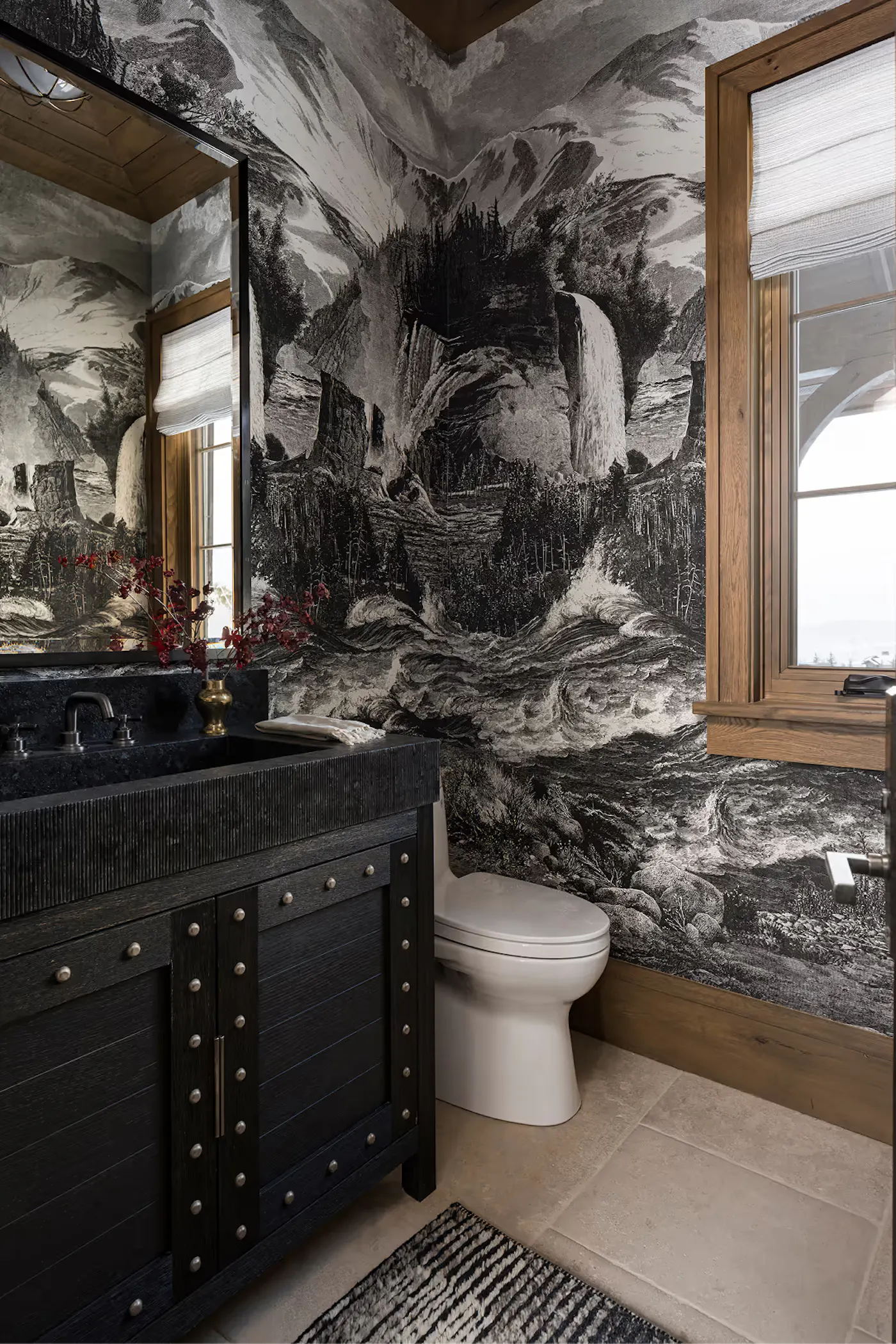 Bathroom with statement mural and custom dark wood vanity