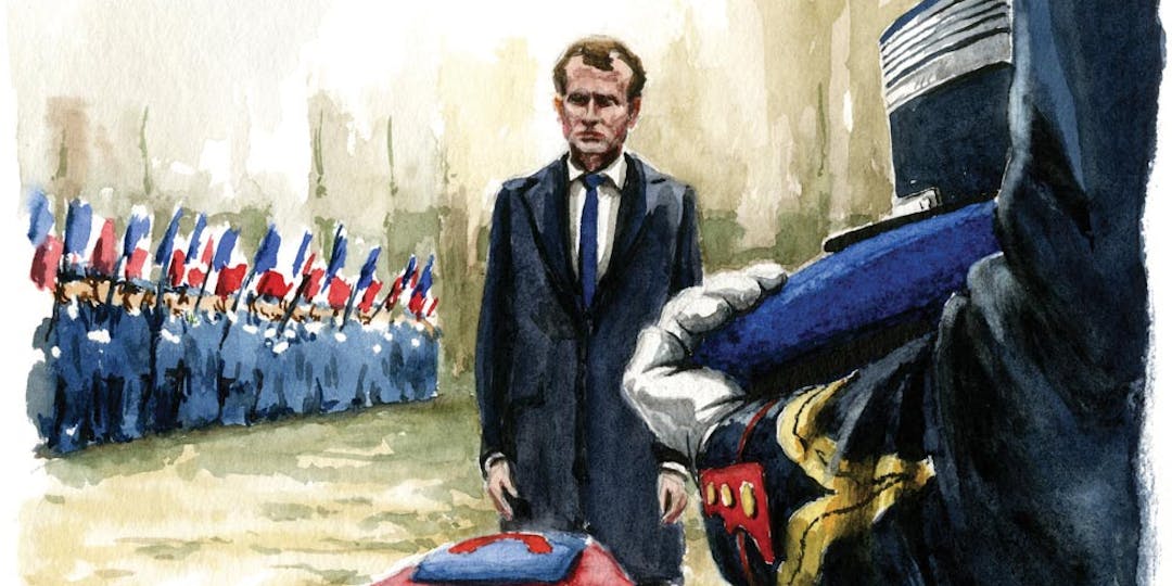 Le président Emmanuel Macron à la cérémonie en souvenir du lieutenant-colonel Arnaud Beltrame.