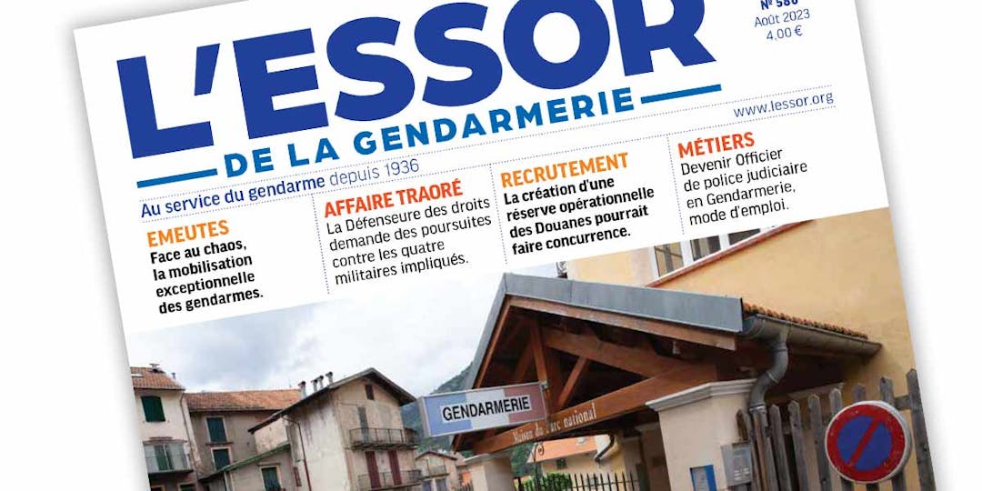 Extrait de la Une du numéro 580 du magazine L'Essor de la Gendarmerie daté août 2023.