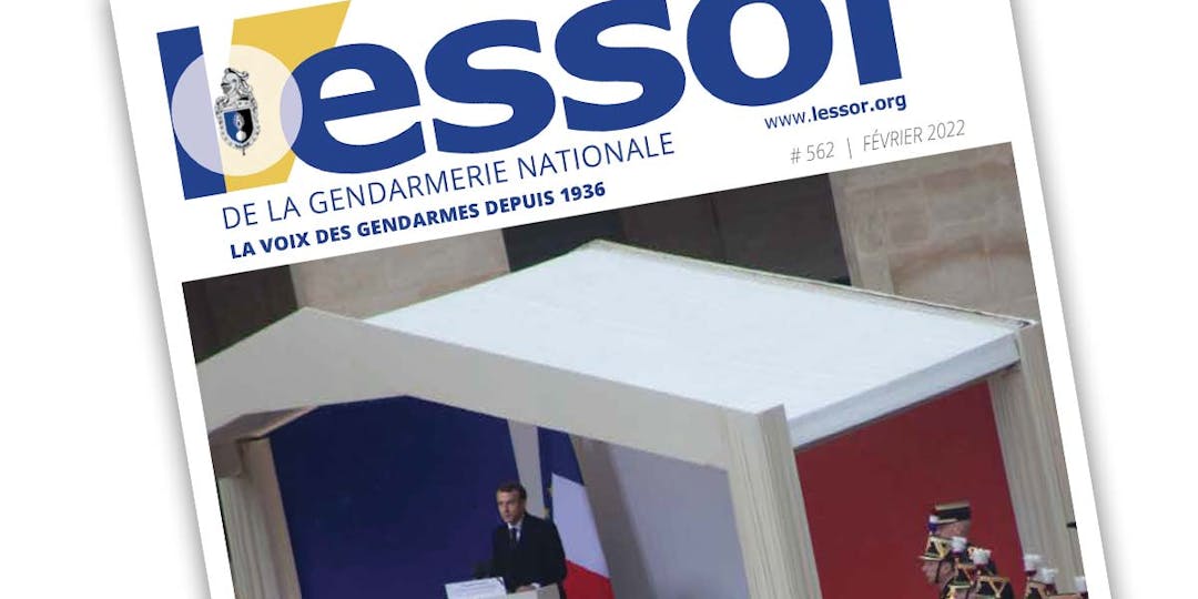 Extrait de la Une du n°562 du magazine L'Essor de la Gendarmerie, paru en février 2022.