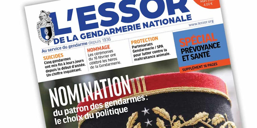 Extrait de la Une du numéro 575 du magazine L'Essor de la Gendarmerie, paru en mars 2023.