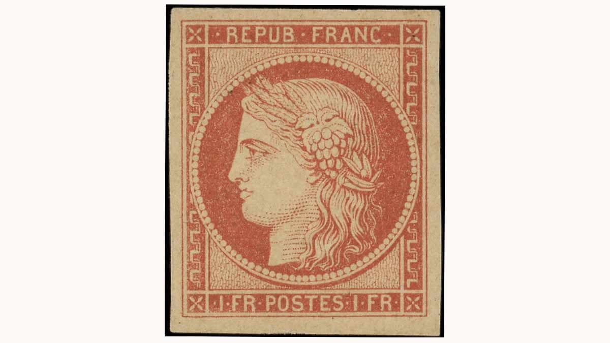 Le timbre "1 franc vermillon", parmi les plus rares de France. (Coll. privée)