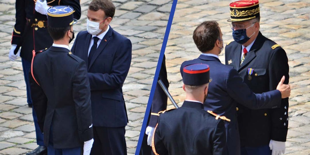 Emmanuel Macron décore un gendarme du GIGN ainsi que le directeur général de la Gendarmerie, le jeudi 8 juillet 2021 aux Invalides. (LP/L'Essor)