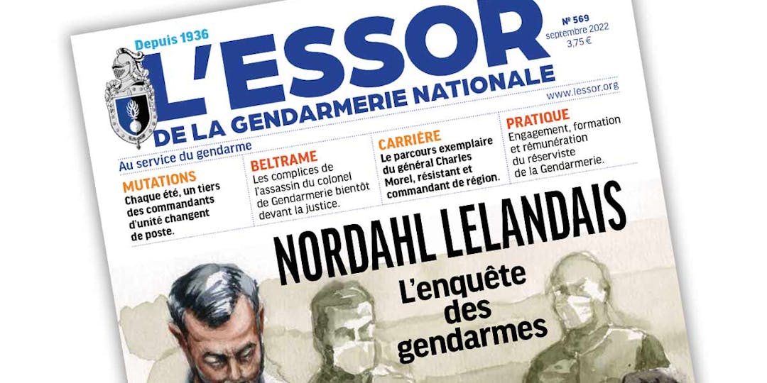 Extrait de la Une de la nouvelle formule de L'Essor de la Gendarmerie nationale, au service des gendarmes depuis 1936. Le n°569 est paru en septembre 2022.