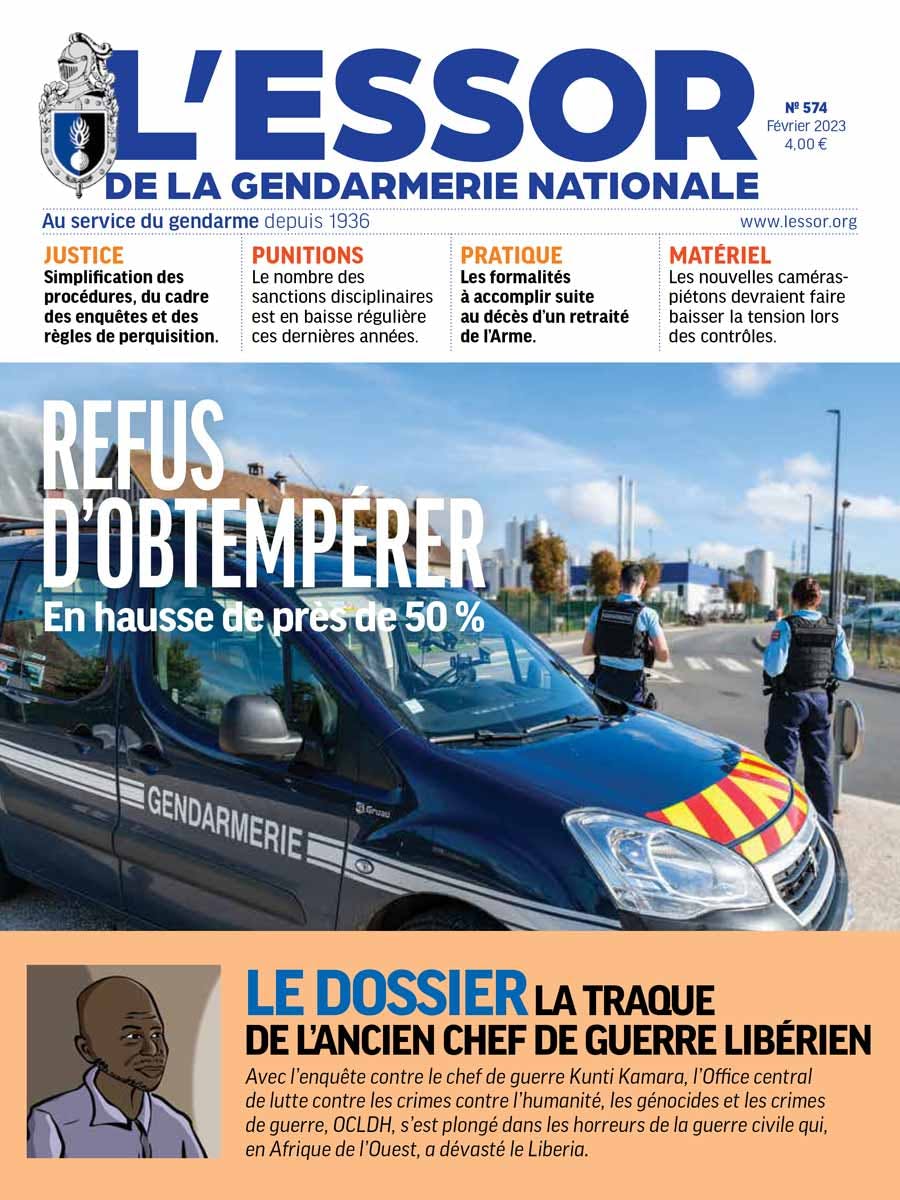 Une du numéro 574 du magazine L'Essor de la Gendarmerie, paru en février 2023.