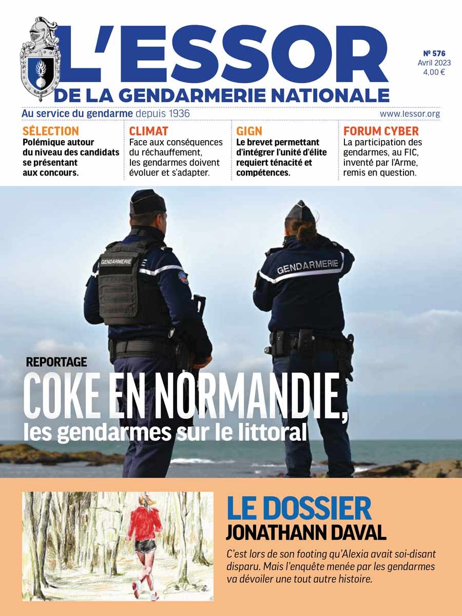 Une du numéro 576 du magazine L'Essor de la Gendarmerie, paru en avril 2023.