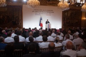 Paris, le 18 octobre 2017, discours aux forces de sécurité intérieure d'Emmanuel Macron à l'Elysée (M. GUYOT/ESSOR)