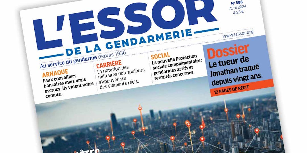 Extrait de la Une du numéro 588 du magazine L'Essor de la Gendarmerie, paru en avril 2024.