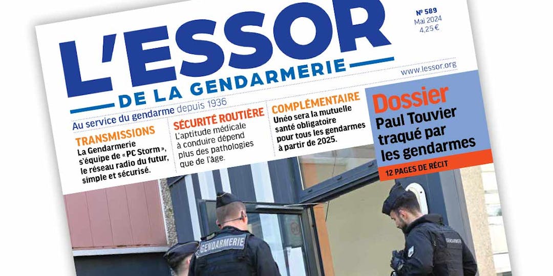 Extrait de la Une du n°589 du magazine L'Essor de la Gendarmerie, paru en mai 2024.
