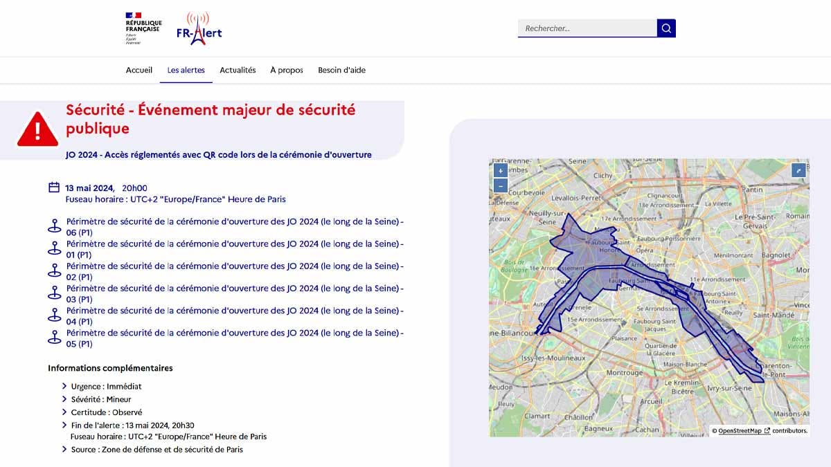 Capture écran de la page résumant l'alerte émise sur le système FR-Alert lundi 13 mai 2024, dans six secteurs de Paris.