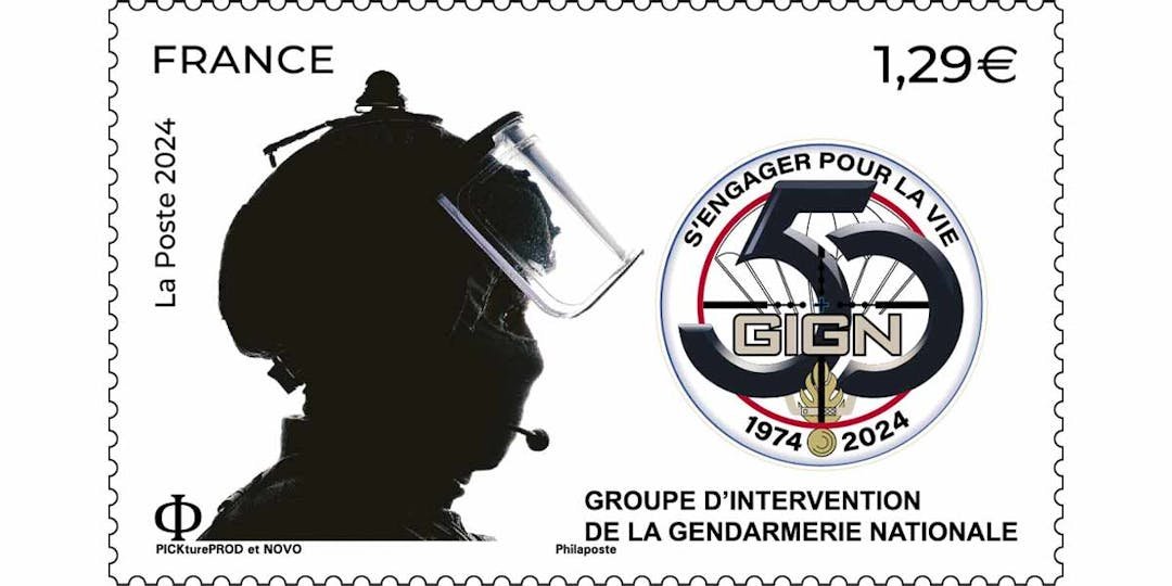 Le timbre qui va être édité par La Poste, à l'occasion des 50 ans du GIGN. (Mise en page Philaposte, d’après photo @PICKturePROD et @Alexis Novo (logo GIGN))