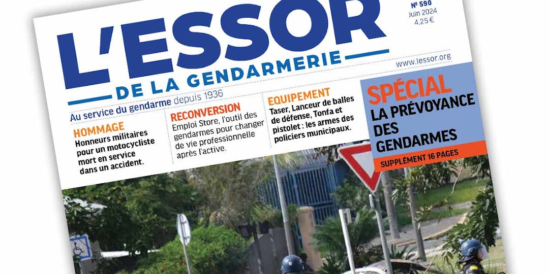 Extrait de la Une du n°590 du magazine L'Essor de la Gendarmerie, publié en juin 2024.