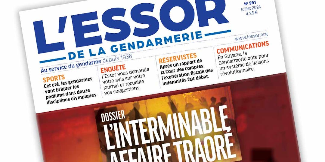 Extrait de la Une du n°591 du magazine L'Essor de la Gendarmerie, publié en juillet 2024.