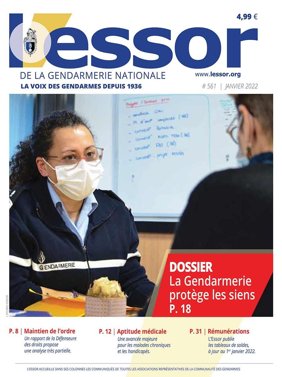 Couverture du numéro 561 du magazine L'Essor de la Gendarmerie, publié en janvier 2022.