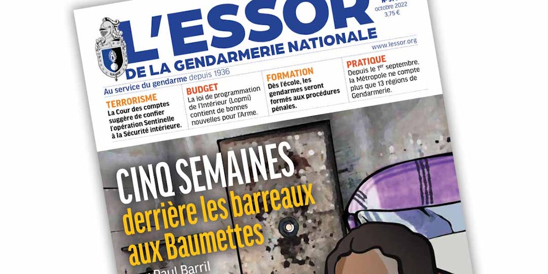 Extrait de la Une du numéro 570 de L'Essor de la Gendarmerie, publié en octobre 2022.