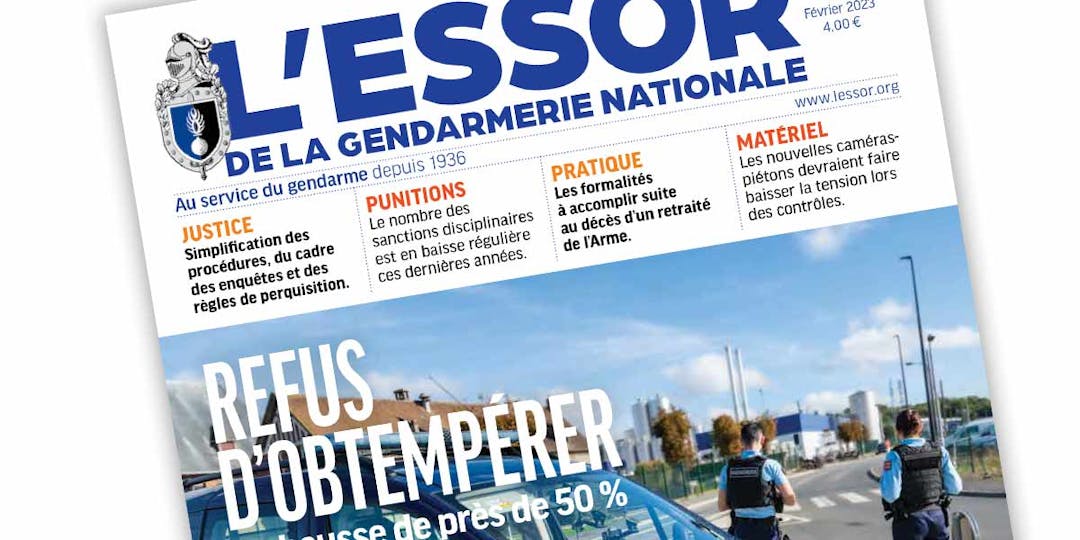 Extrait de la Une du numéro 574 du magazine L'Essor de la Gendarmerie, paru en février 2023.