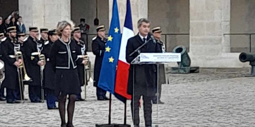 Le ministre de l'Intérieur Gérald Darmanin pendant son discours pour la journée nationale d'hommage aux héros de la Gendarmerie nationale, dans la cour d'honneur des Invalides, vendredi 16 février 2024. (Photo: PMG/L'Essor)
