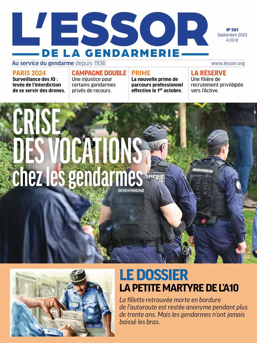 Une du numéro 581 de L'Essor de la Gendarmerie, publié en septembre 2023.