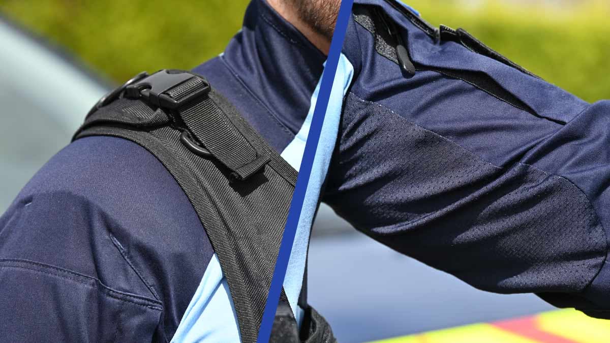 Zoom sur le renfort d'épaule et les aérations sous les bras de la chemise "UBAS" (pour Under Body Armor Shirt, autrement dit, chemise à porter sous le gilet pare-balles) actuellement en expérimentation en vue de l'évolution des tenues de gendarmerie. (Photo: L.Picard/L'Essor)