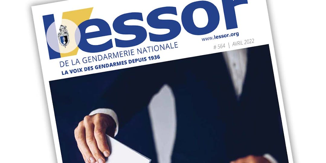 Extrait de la Une du n°564 du magazine L'Essor de la Gendarmerie, paru en avril 2022.