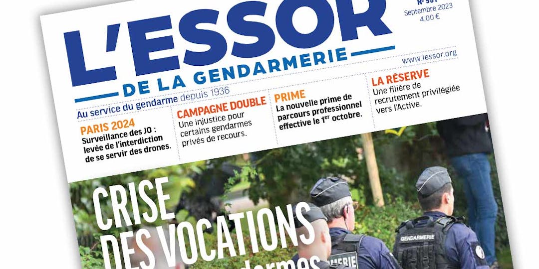 Extrait de la Une du numéro 581 de L'Essor de la Gendarmerie, publié en septembre 2023.
