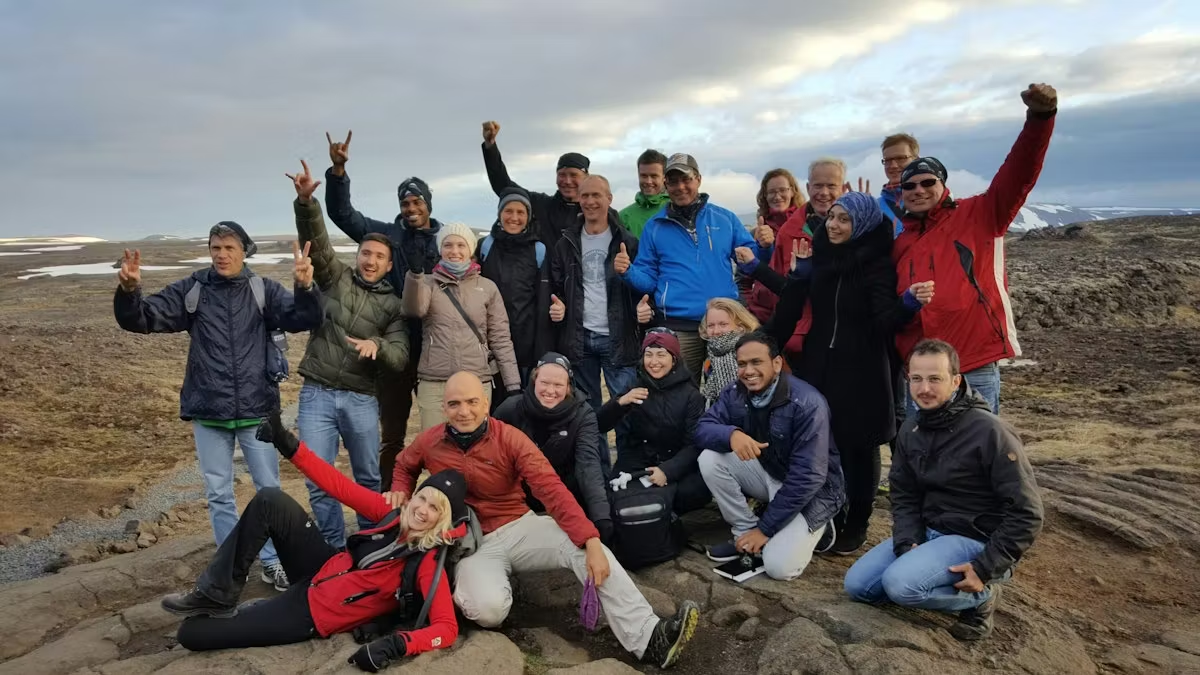 Smiling Group Inside The Volcano Iceland