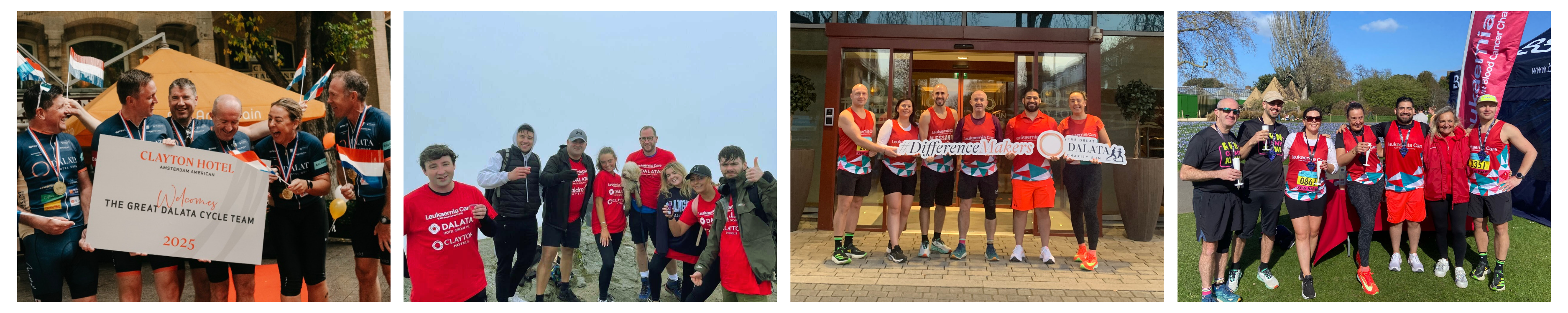 Four photos of groups taking part in Dalata charity sports events: cyclists holding a sign for ‘The Great Dalata Cycle Team 2025’, runners in red shirts outdoors, a team with a ‘Difference Makers – Dalata’ banner, and runners posing on a grassy field with event flags.